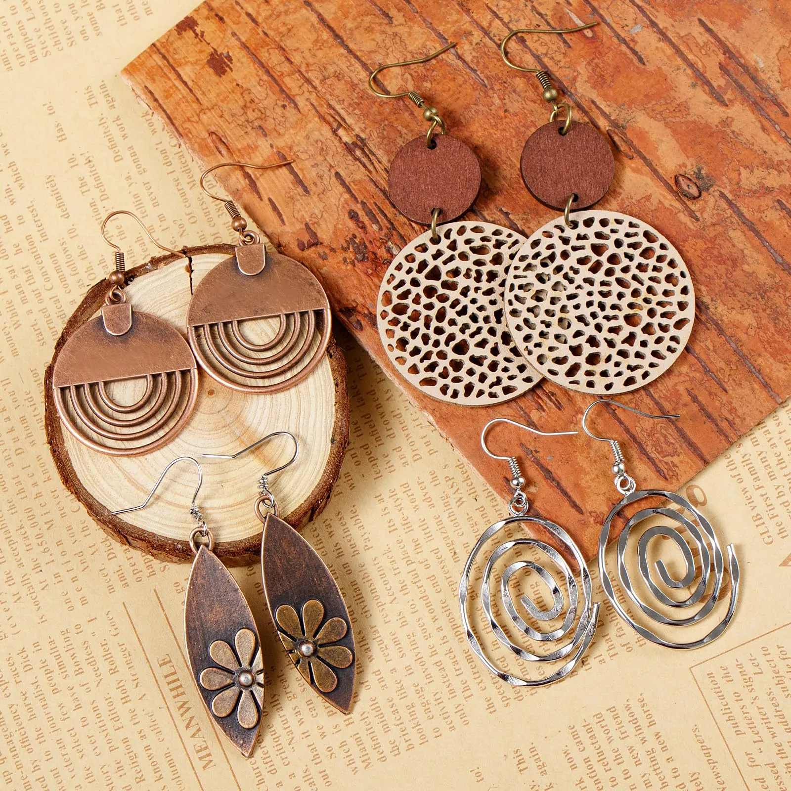 6 Pairs Boho Earrings Vintage Wooden Geometric Leather Earrings Flower Earrings Handmade Big Bohemian Trendy Earrings for Women