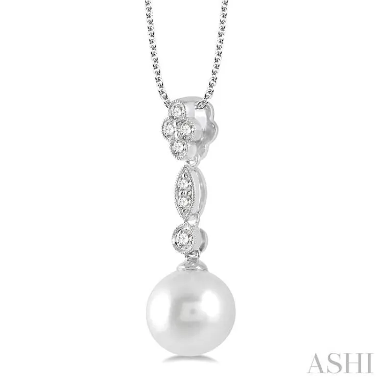 8MM Cultured Pearl and 1/6 ctw Floral Dangler Round Cut Diamond Pendant With Chain in 14K White Gold