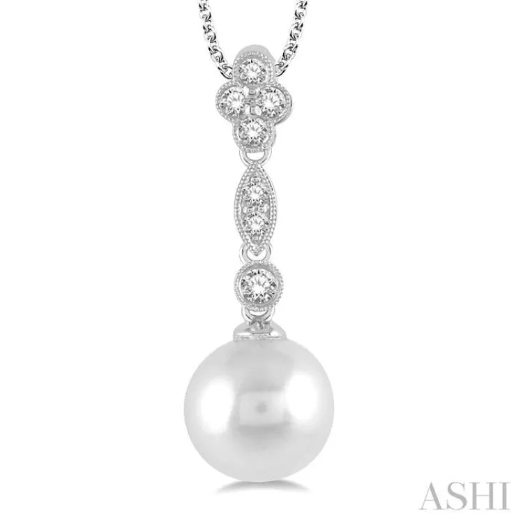 8MM Cultured Pearl and 1/6 ctw Floral Dangler Round Cut Diamond Pendant With Chain in 14K White Gold