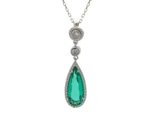 925 Sterling Silver Synthetic Emerald Pendant & White CZ Charm Necklace 16"