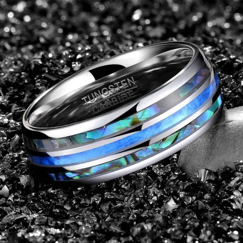 Abalone Shell Grooved Opal Tungsten Wedding Band