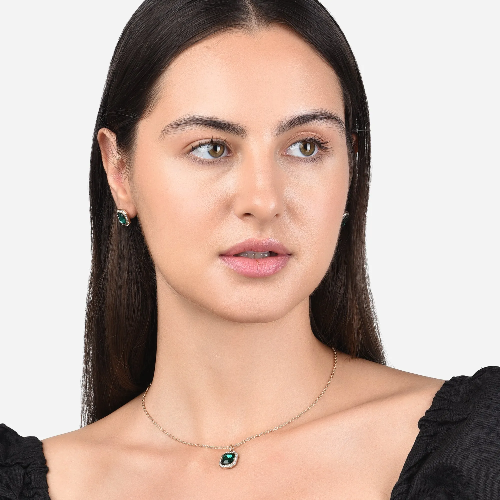 Accessorize London Women'S Gold & Green Emerald Pendant And Earring Set