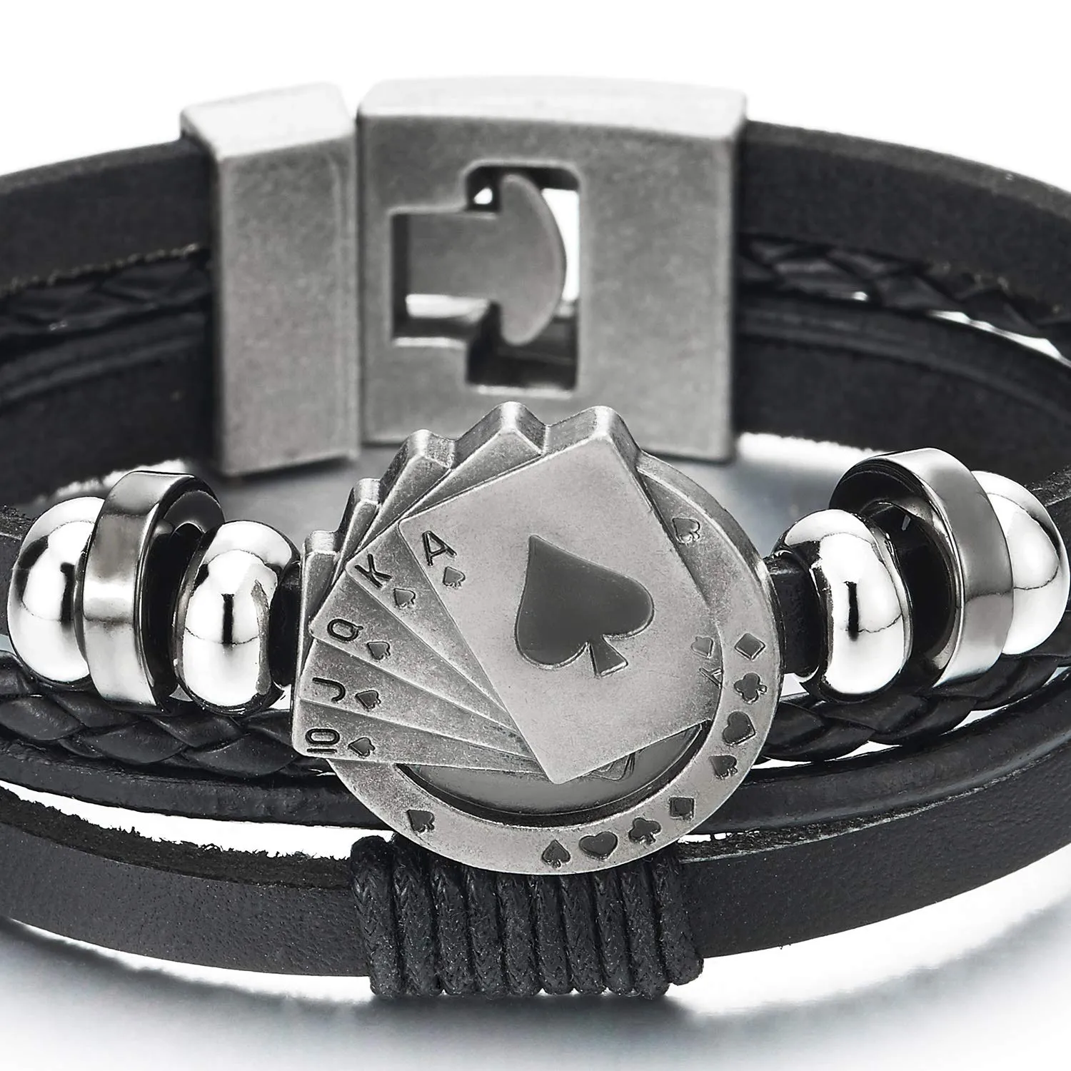 Ace Card Poker Spade Sequence Bead Charms Multi-Strand Black Braided Leather Wrap Wristband Bracelet