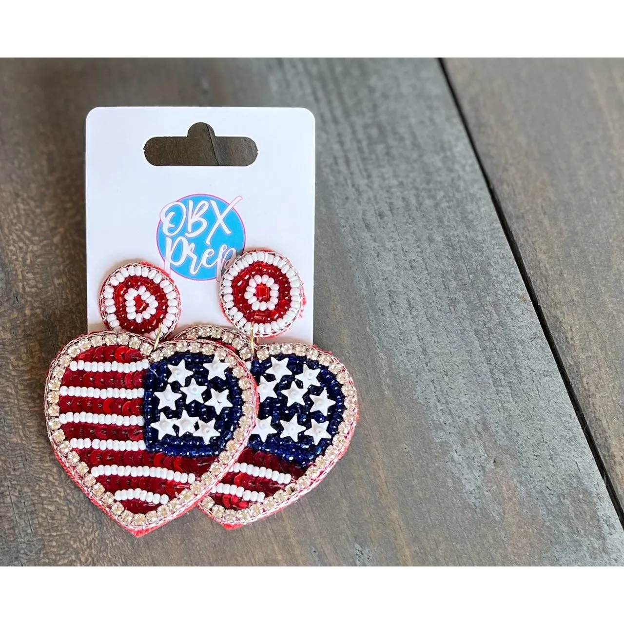 American Flag Heart Seed Bead Dangle Earrings.