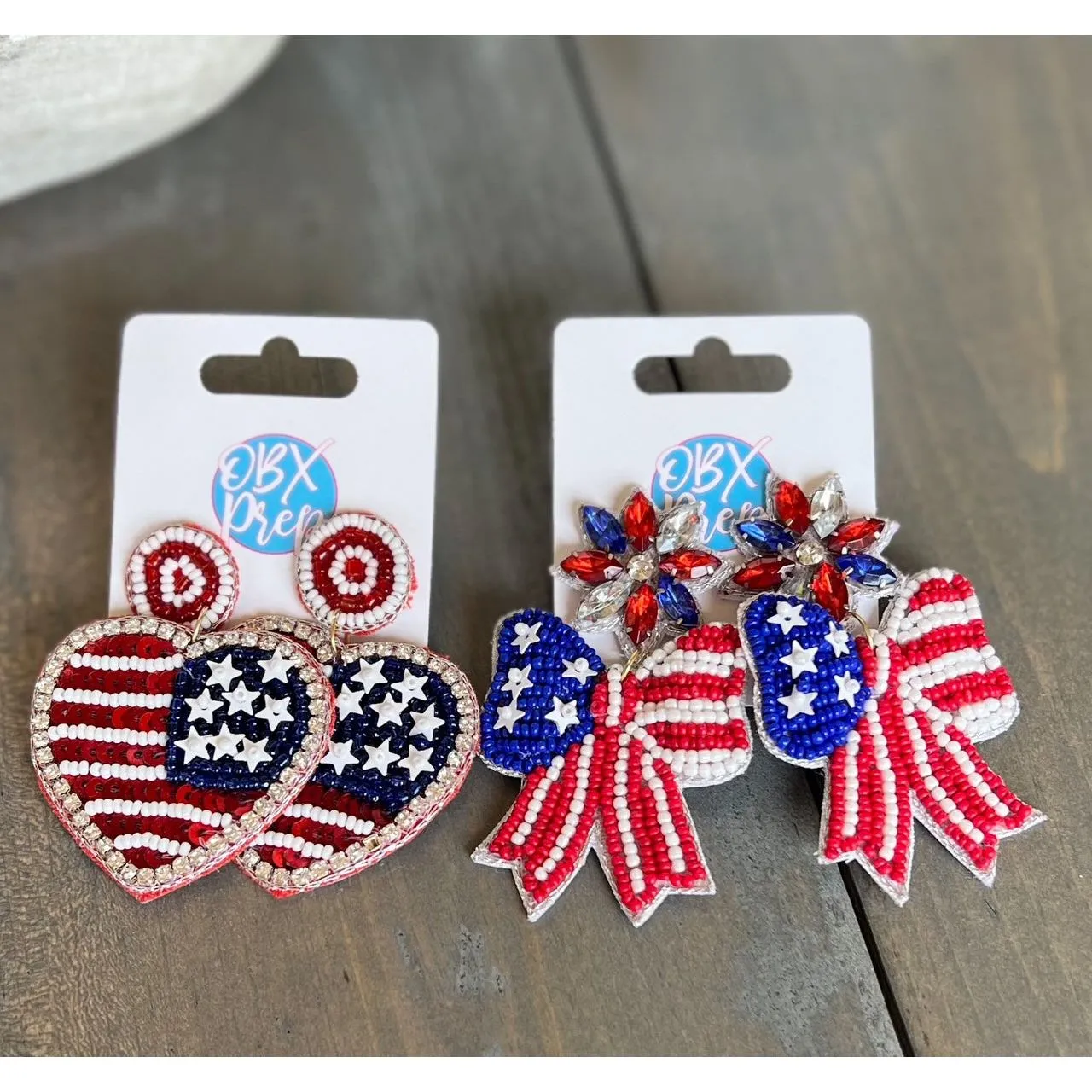 American Flag Heart Seed Bead Dangle Earrings.