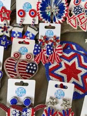 American Flag Heart Seed Bead Dangle Earrings.