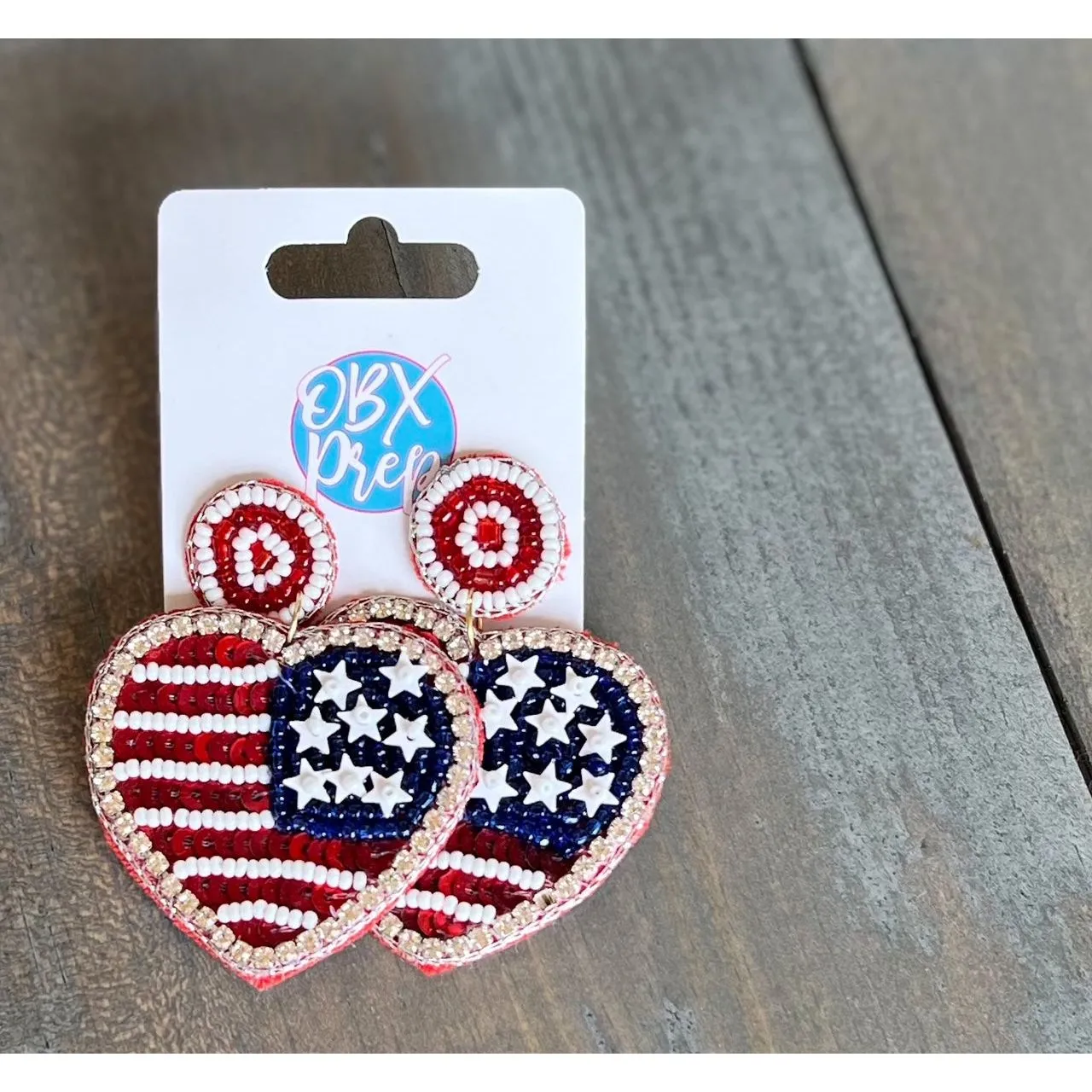 American Flag Heart Seed Bead Dangle Earrings.