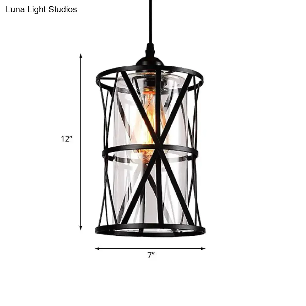 Antique Black Cylinder Pendant Light with Clear Glass/Fabric Shade - Elegant Living Room Ceiling Fixture with Plug and Iron Frame