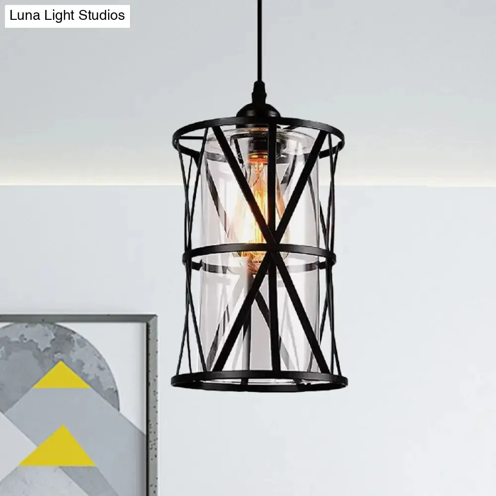 Antique Black Cylinder Pendant Light with Clear Glass/Fabric Shade - Elegant Living Room Ceiling Fixture with Plug and Iron Frame