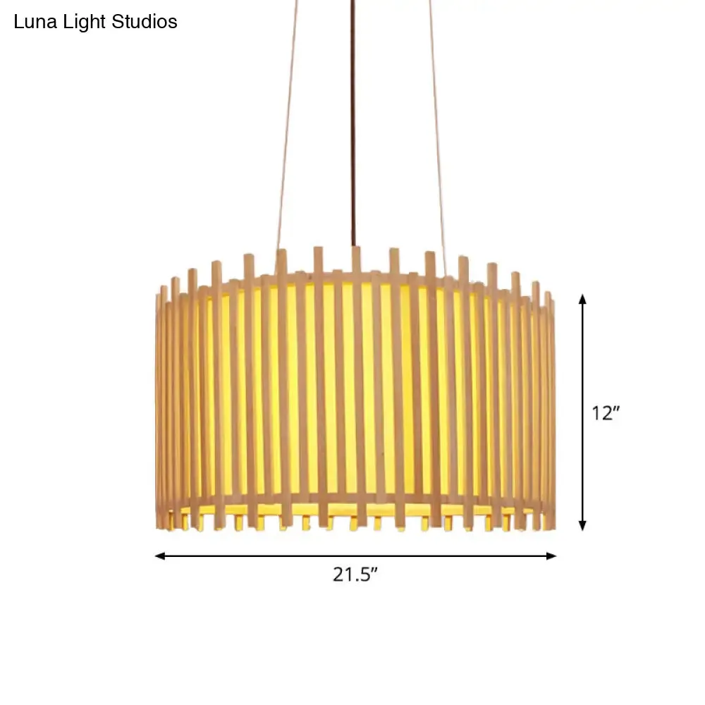 Bamboo Drum Suspension Light - Contemporary Ceiling Pendant in Beige - 1 Bulb, Wide Design