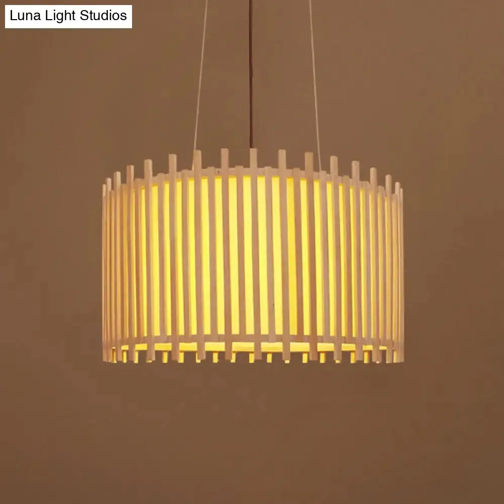 Bamboo Drum Suspension Light - Contemporary Ceiling Pendant in Beige - 1 Bulb, Wide Design