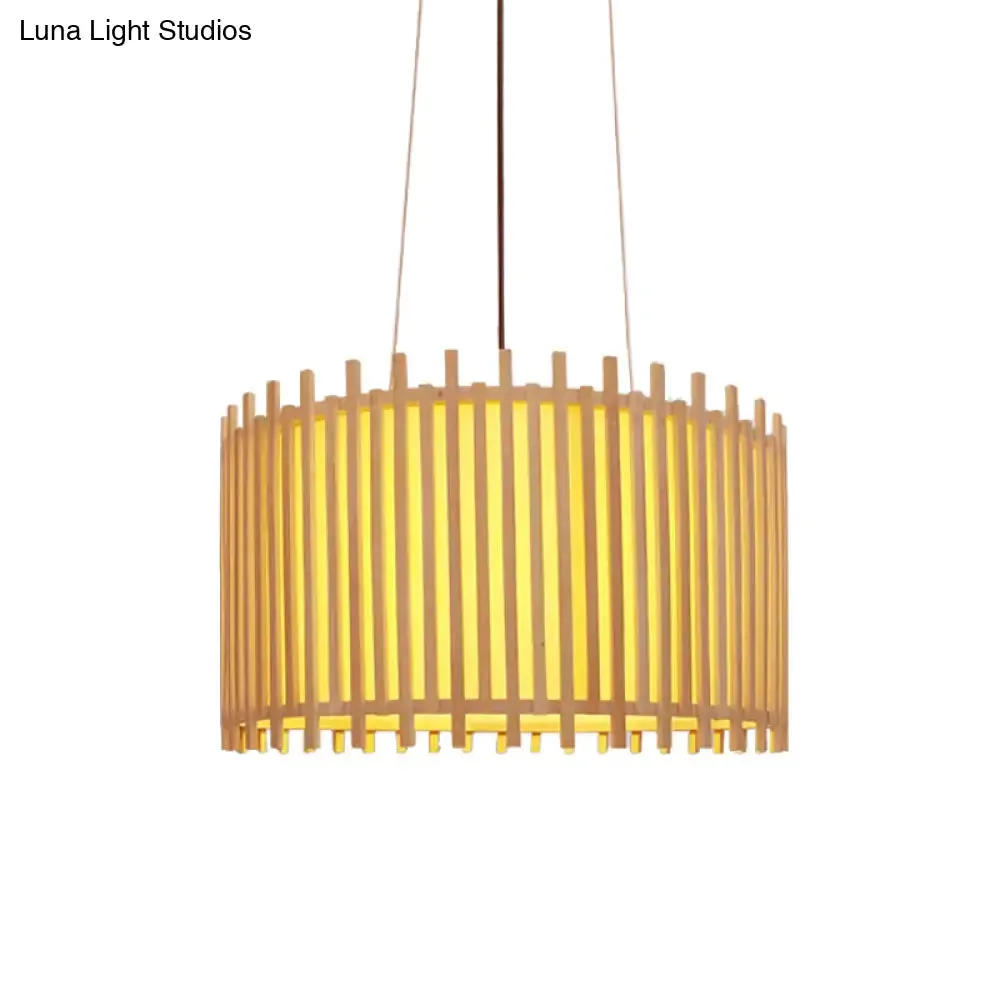 Bamboo Drum Suspension Light - Contemporary Ceiling Pendant in Beige - 1 Bulb, Wide Design