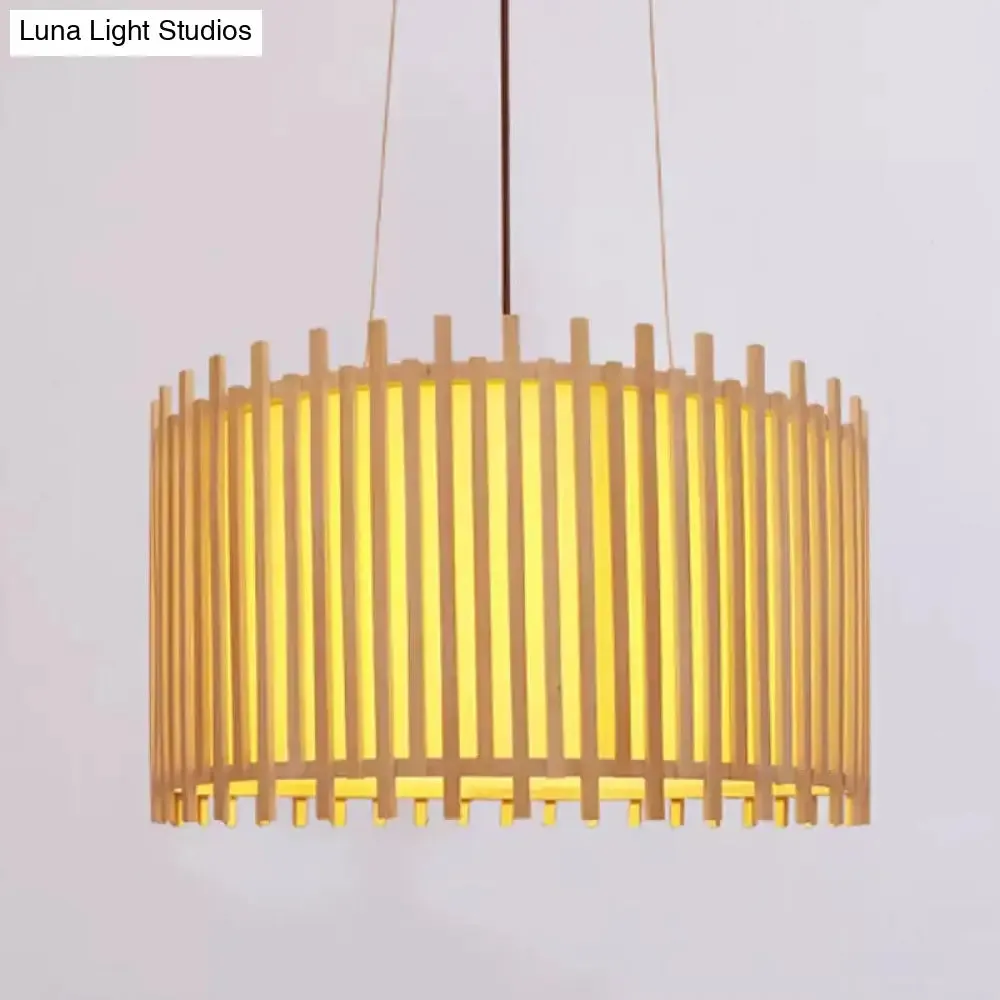 Bamboo Drum Suspension Light - Contemporary Ceiling Pendant in Beige - 1 Bulb, Wide Design