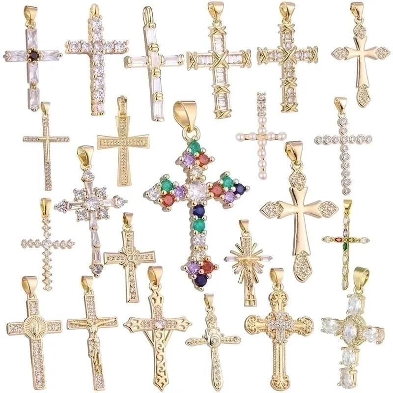 Casual Elegant Classic Style Cross Copper Plating Inlay Zircon 18k Gold Plated White Gold Plated Charms