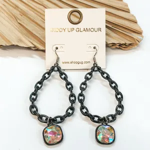 Chain Teardrop Dangle Black Earrings with AB Cushion Cut Crystal