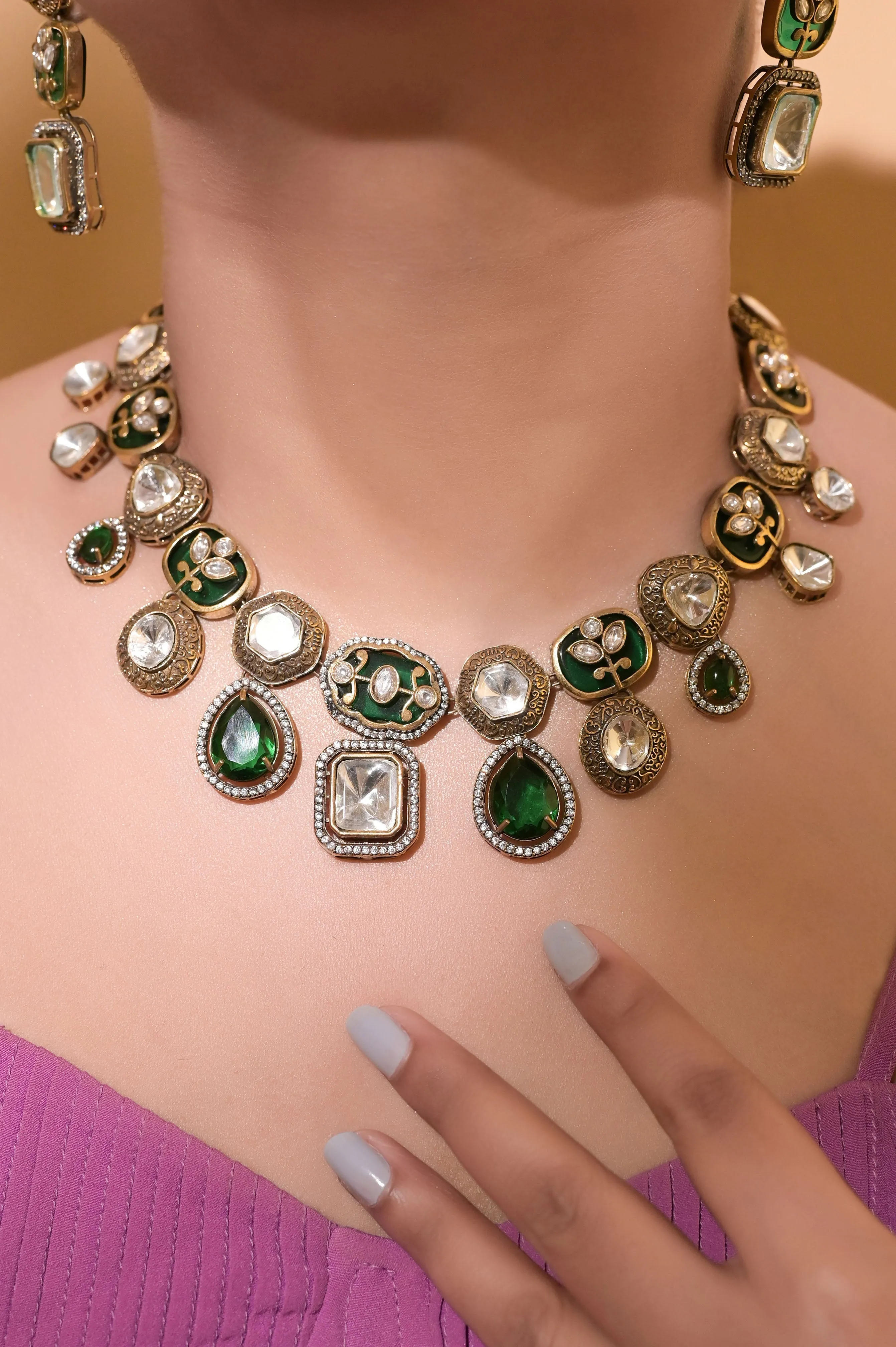 Collar Necklace Set with Stone Work and Polki Design