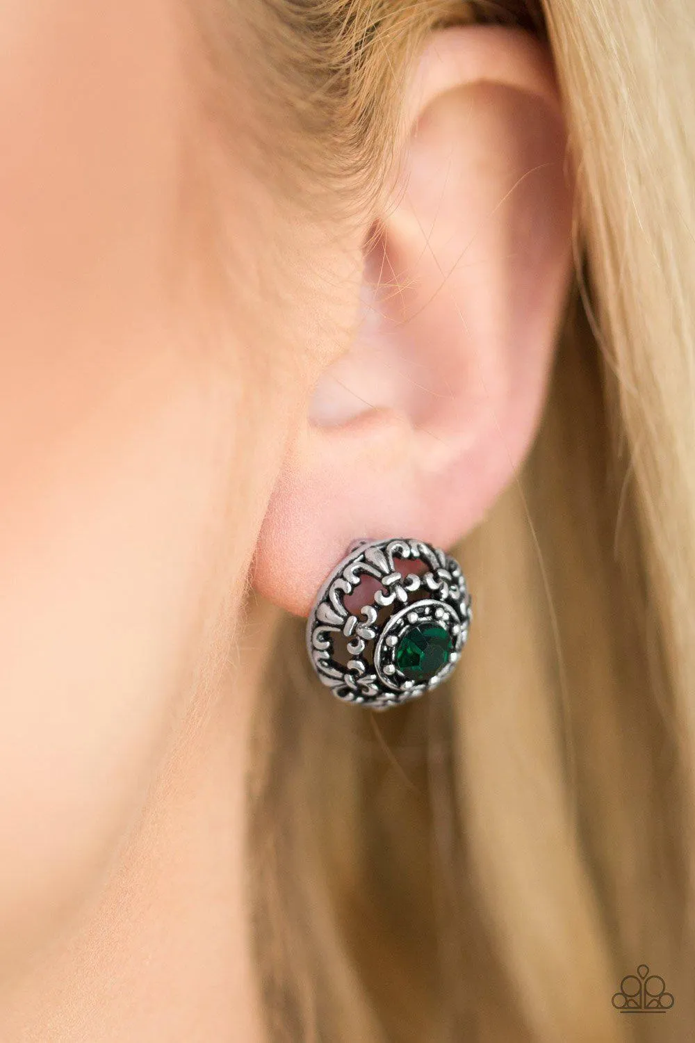 Courtly Courtliness Green Rhinestone and Silver Fleur de lis Post Earrings - Paparazzi Accessories