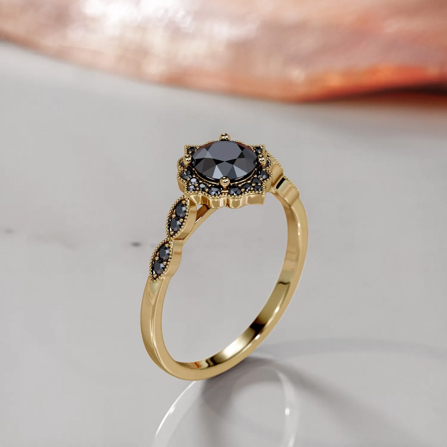 Dark Obsession Halo  Natural Black Diamond Round Cut Engagement Ring