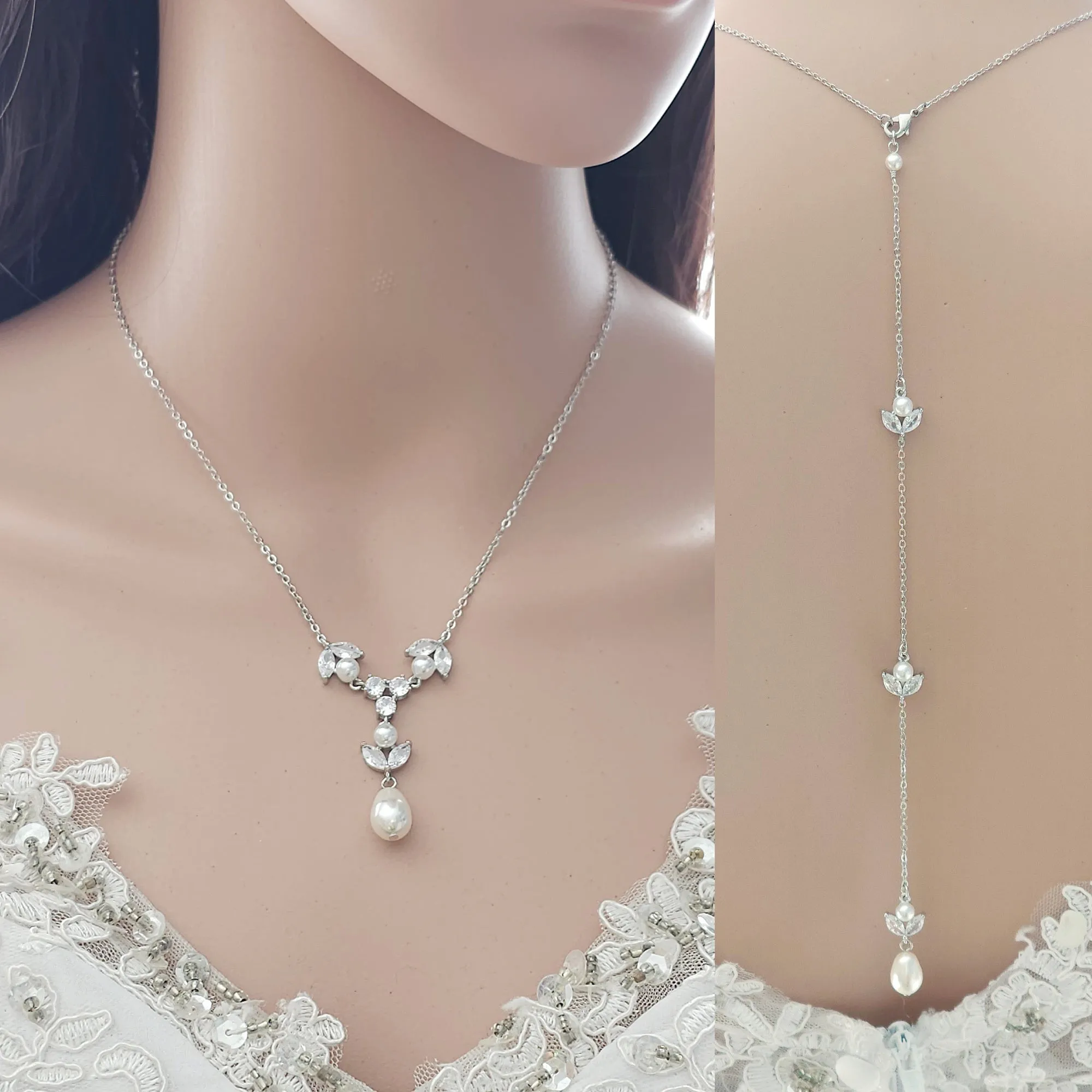 Detachable Pearl & CZ Backdrop Necklace-Leila