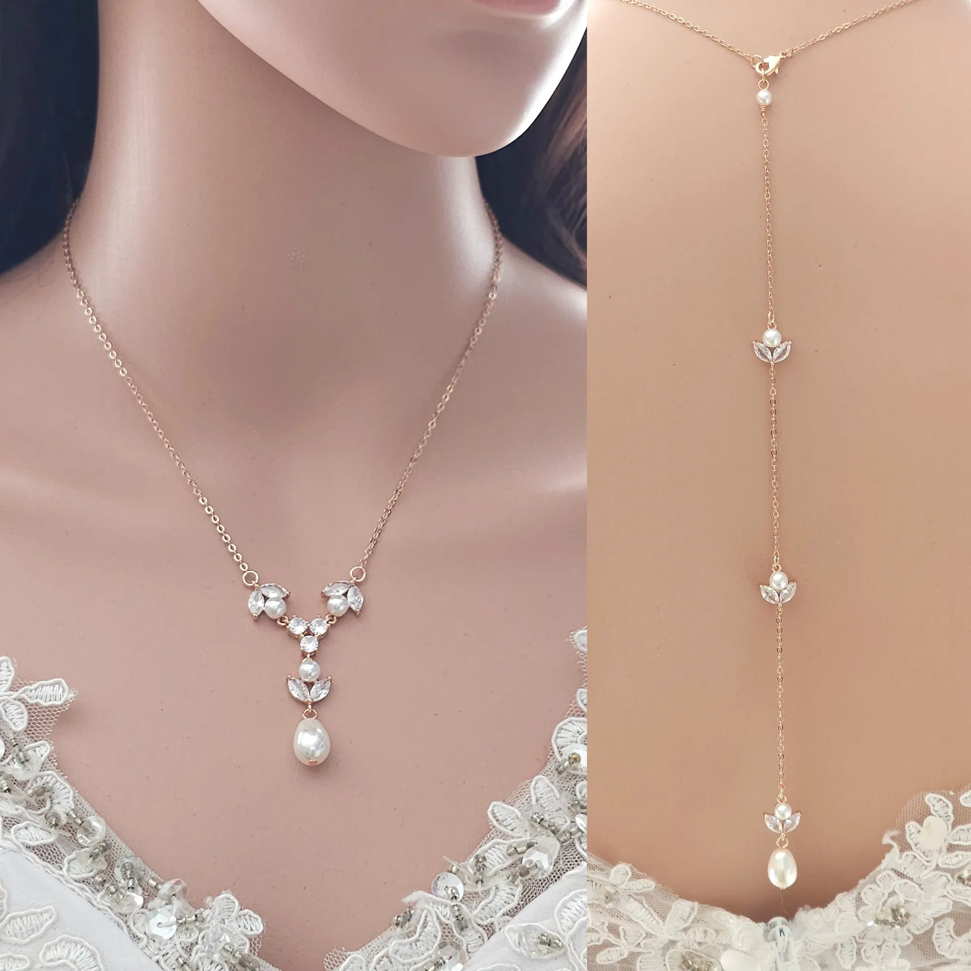 Detachable Pearl & CZ Backdrop Necklace-Leila