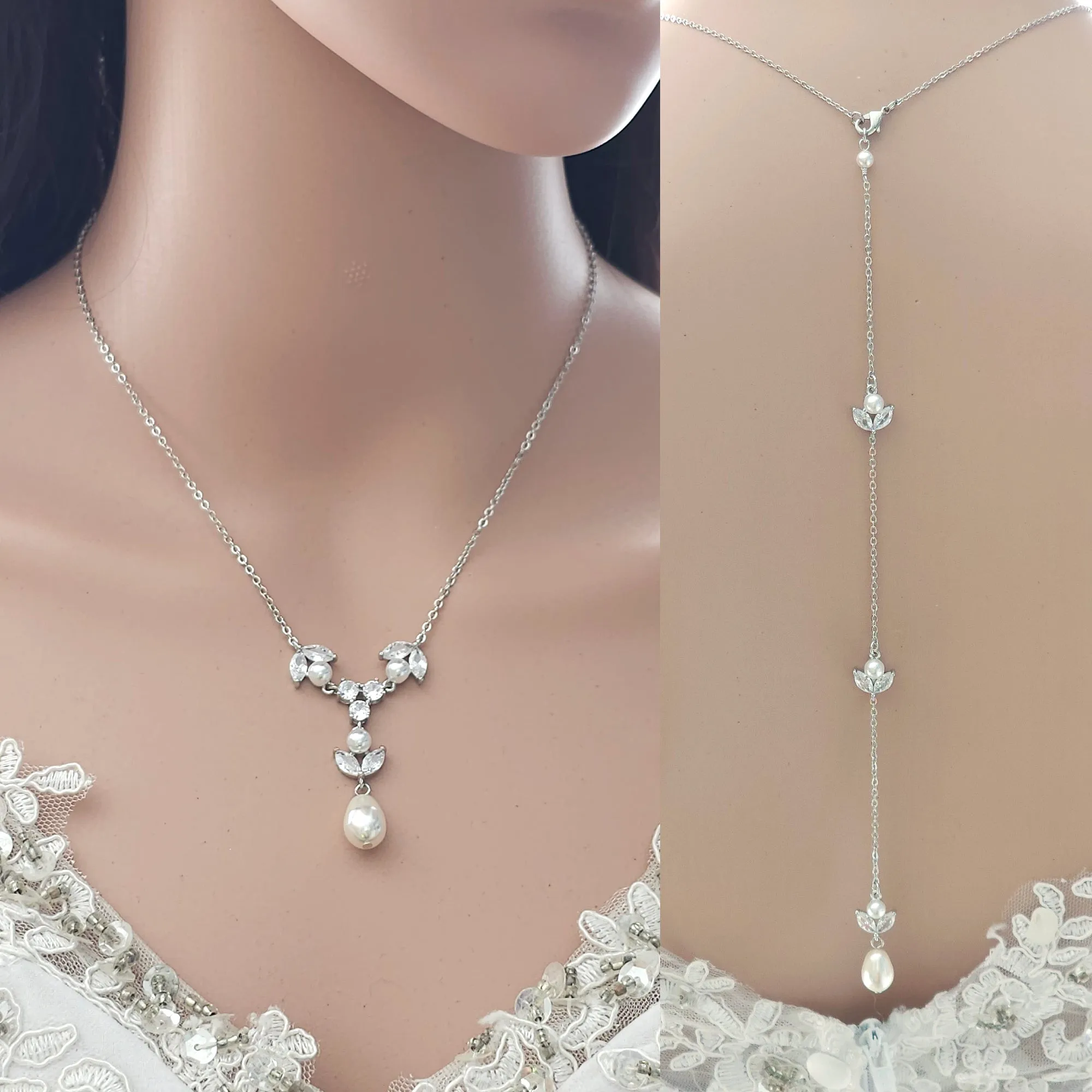 Detachable Pearl & CZ Backdrop Necklace-Leila