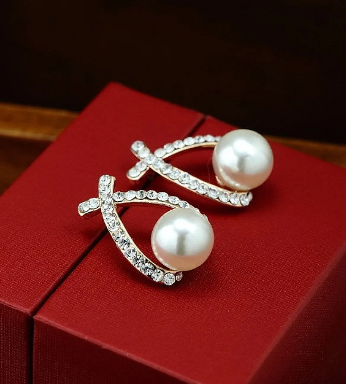 Fashion Gold/Silver Pearl & Crystal Stud Earrings