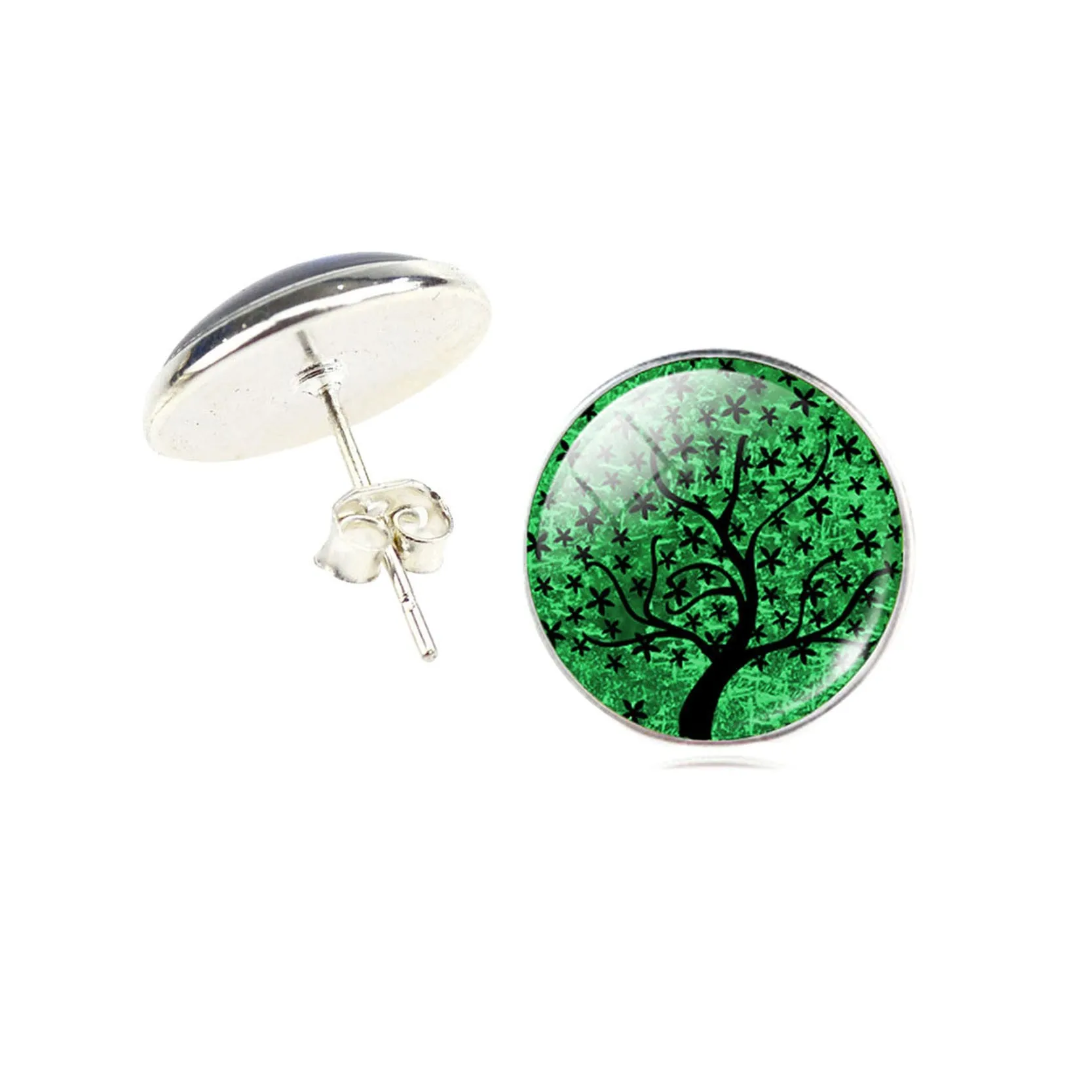 Fashion Life Tree Earrings Classic Glass Cabochon Stud Earrings Fashion Silver Color Earrings for Women Gift Valentine's Day