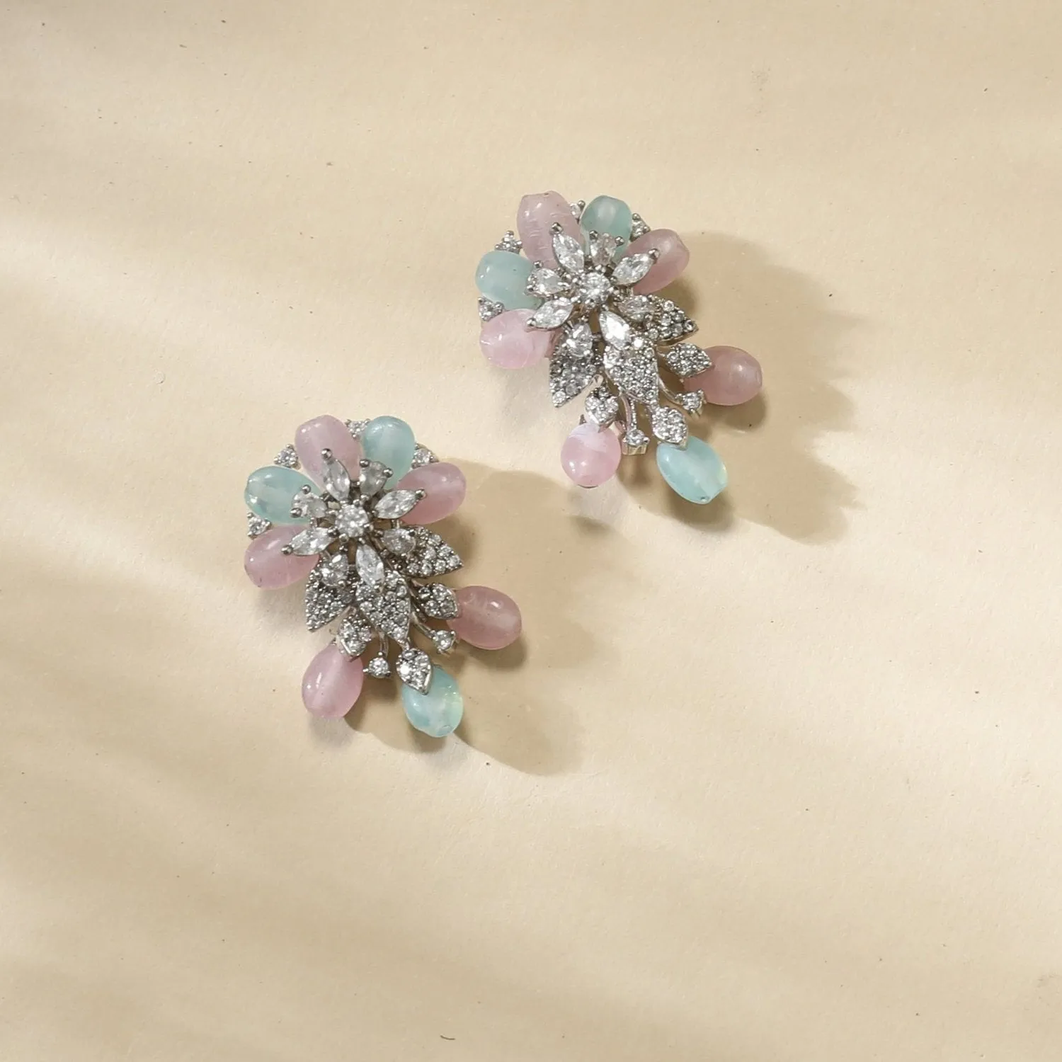 Floral Elegance CZ Mint Beads Stud Earrings