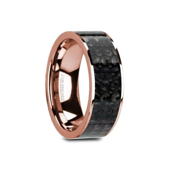 GAMAL Flat 14K Rose Gold Ring with Blue Dinosaur Bone Inlay and Polished Edges - 8mm