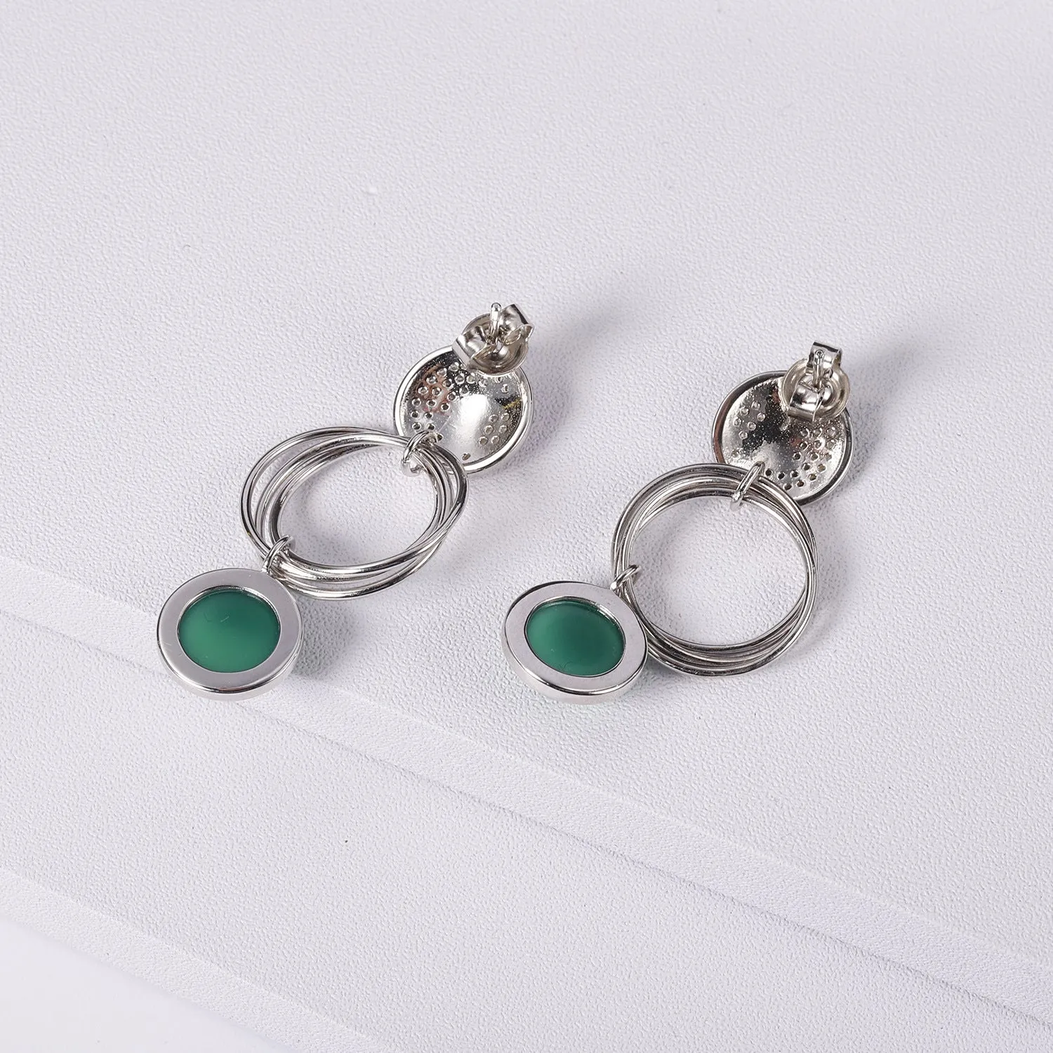 Geometric Design 925 Silver Green Agate Drop Earrings for Women