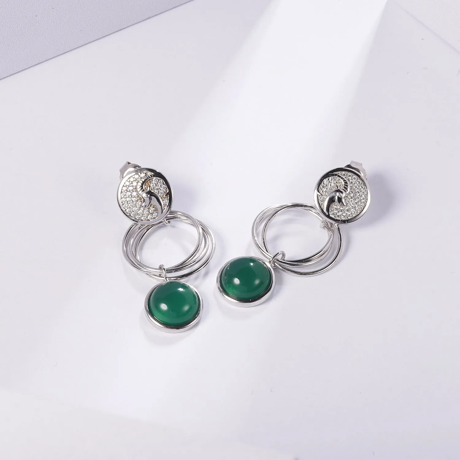 Geometric Design 925 Silver Green Agate Drop Earrings for Women