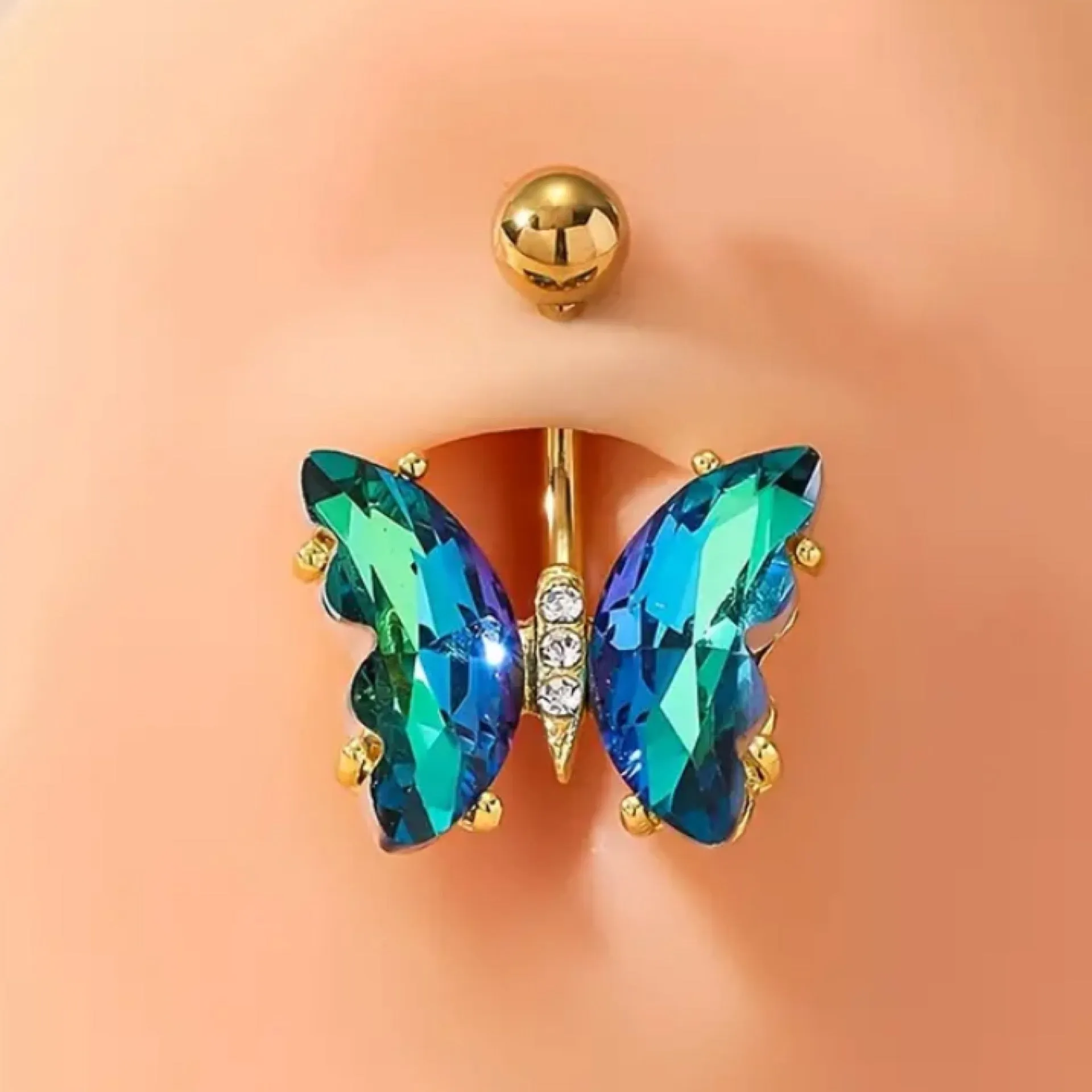 Gold Butterfly CZ Navel Belly Button Ring