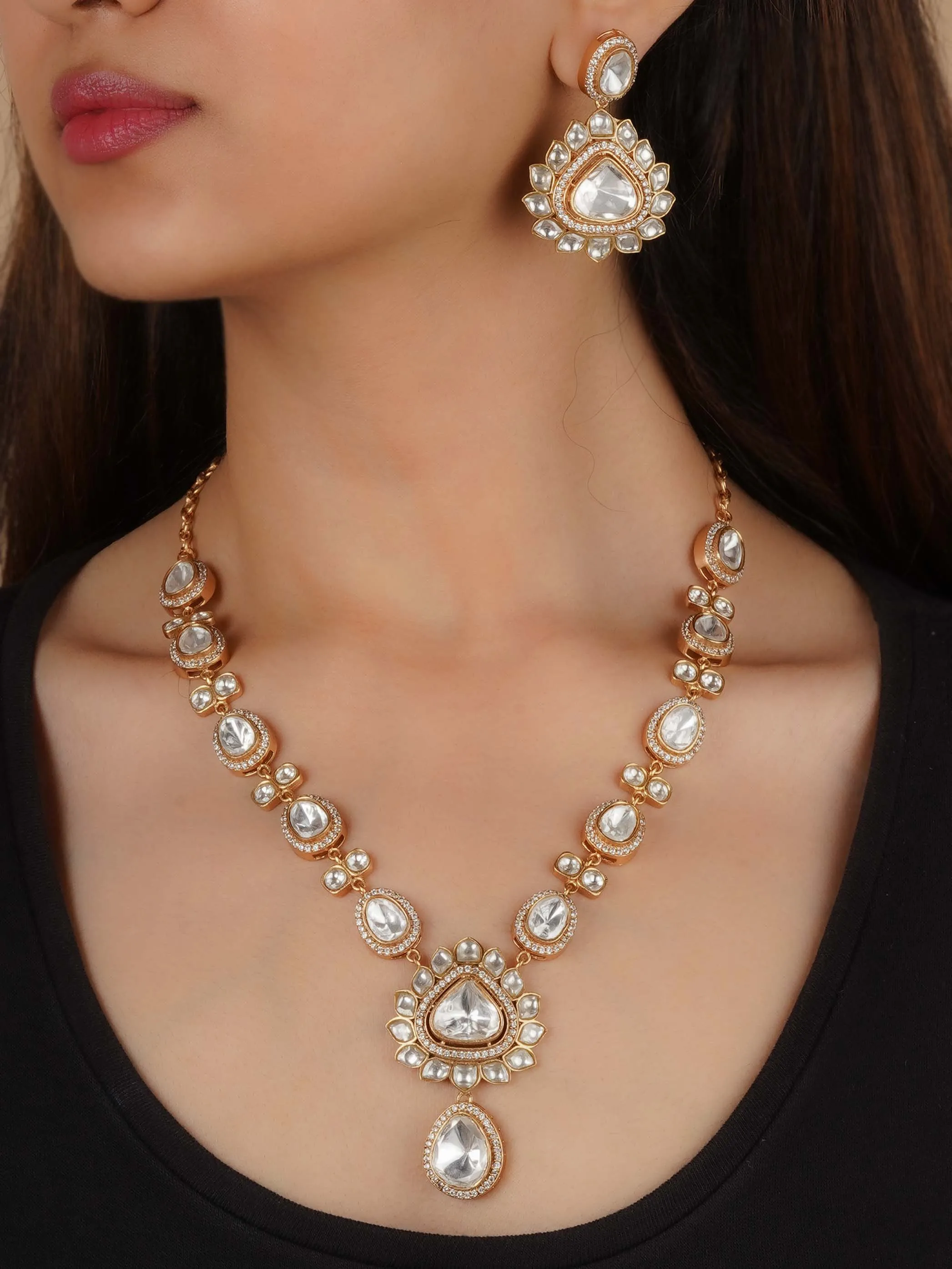 Gold Plated Faux Polki Necklace Set - PK-S203