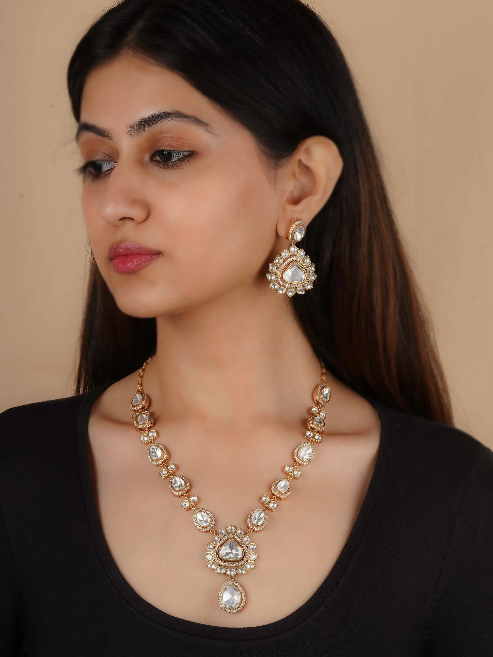 Gold Plated Faux Polki Necklace Set - PK-S203