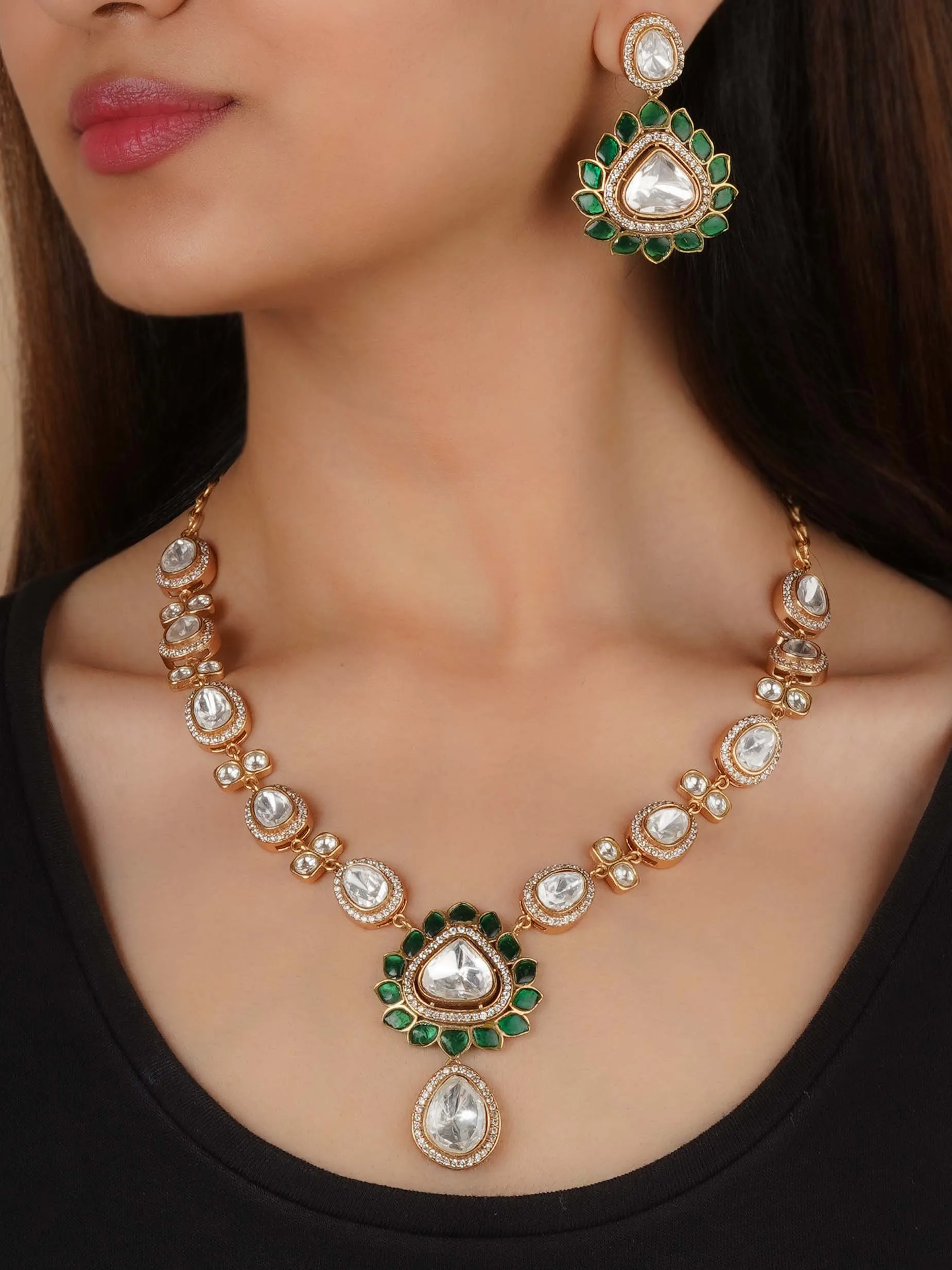 Gold Plated Faux Polki Necklace Set - PK-S203