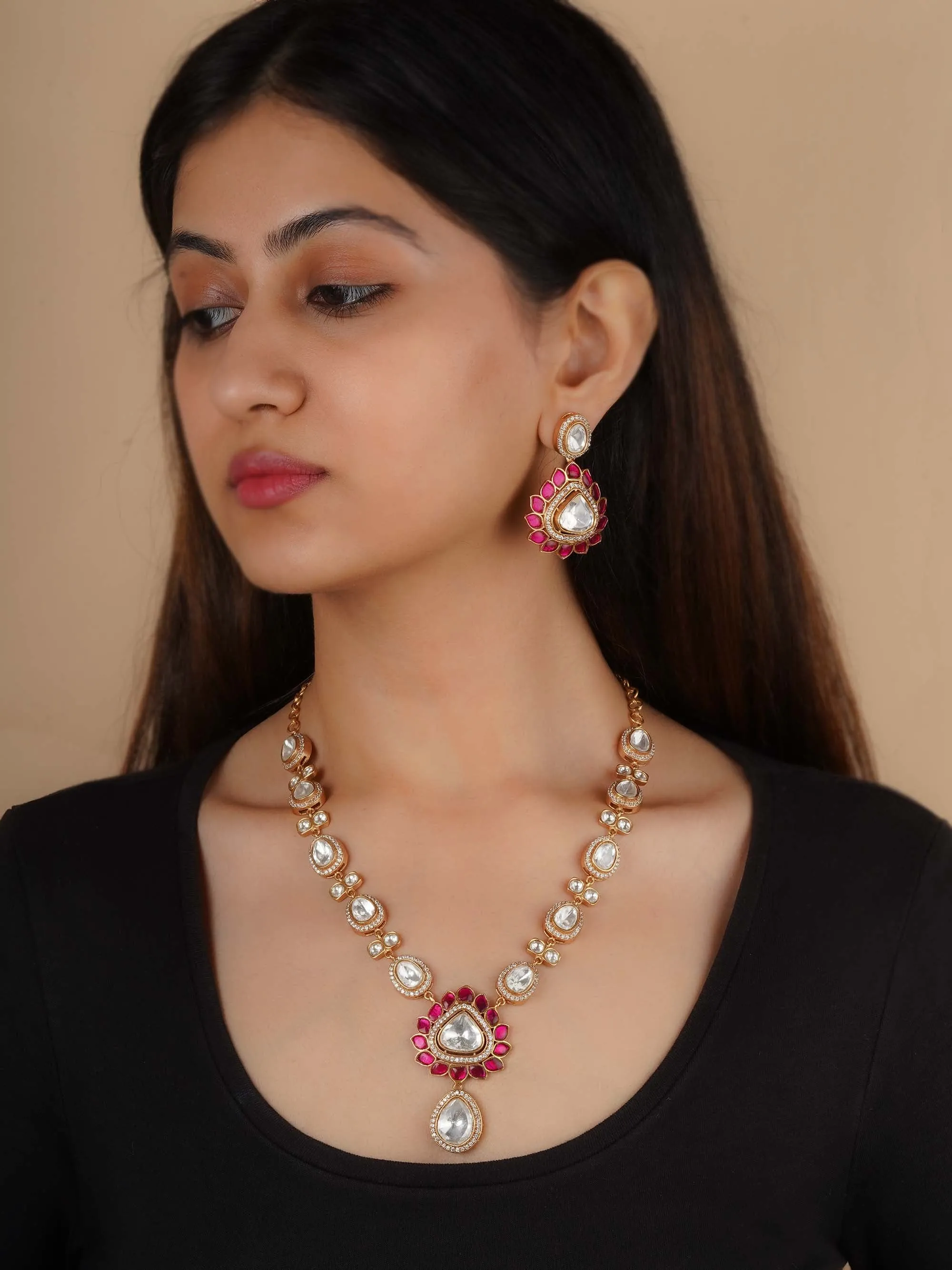 Gold Plated Faux Polki Necklace Set - PK-S203