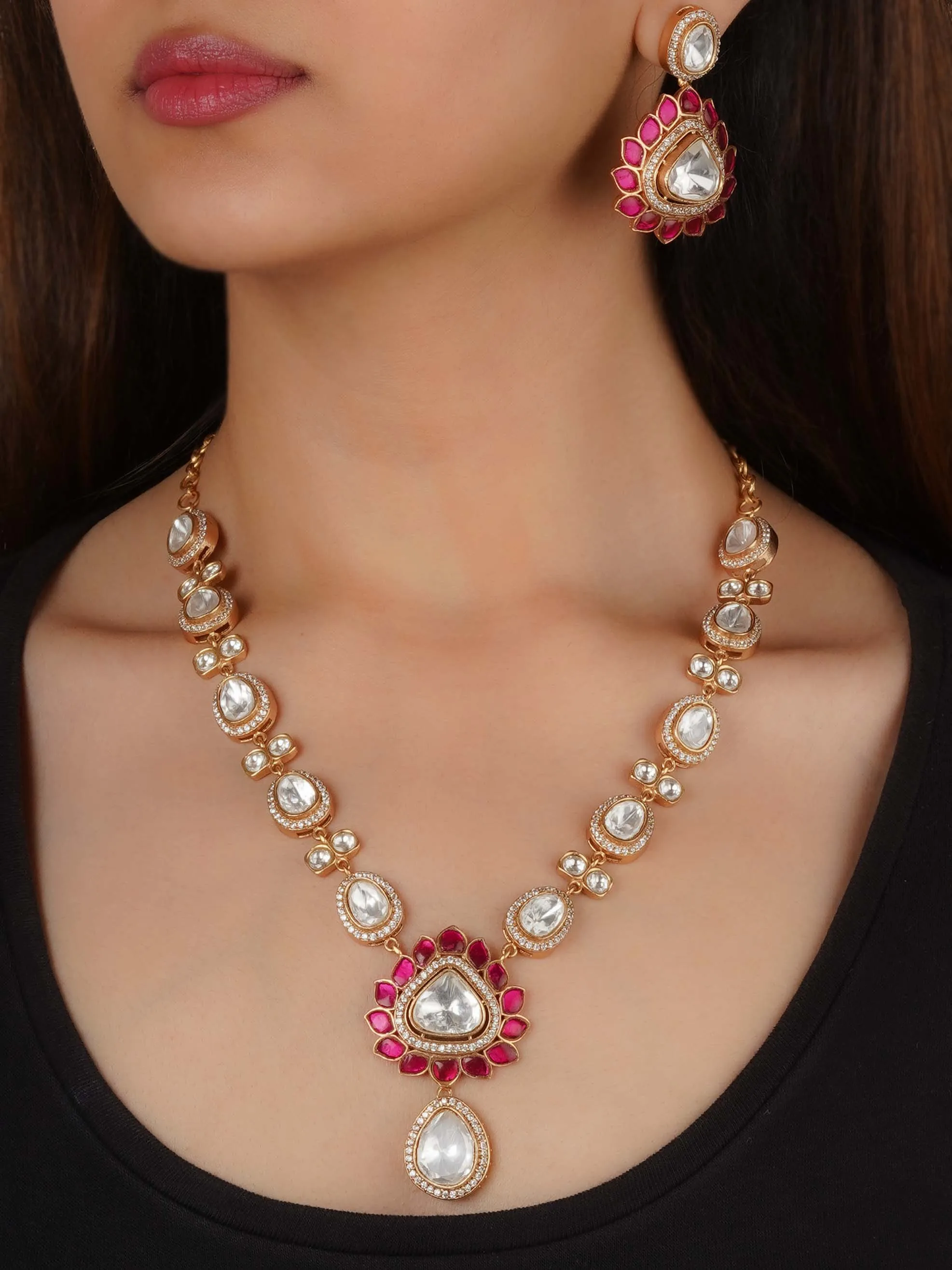 Gold Plated Faux Polki Necklace Set - PK-S203