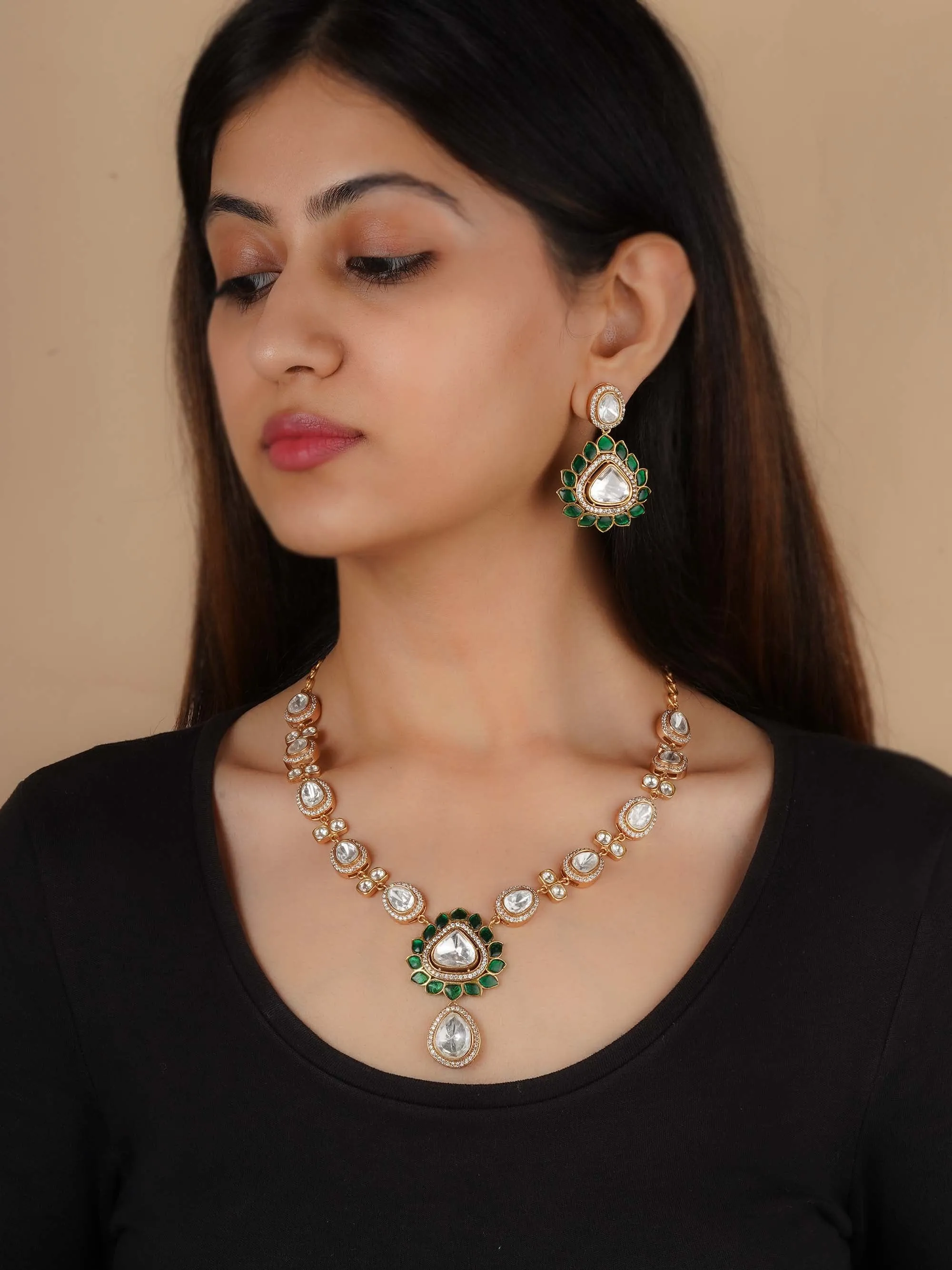 Gold Plated Faux Polki Necklace Set - PK-S203