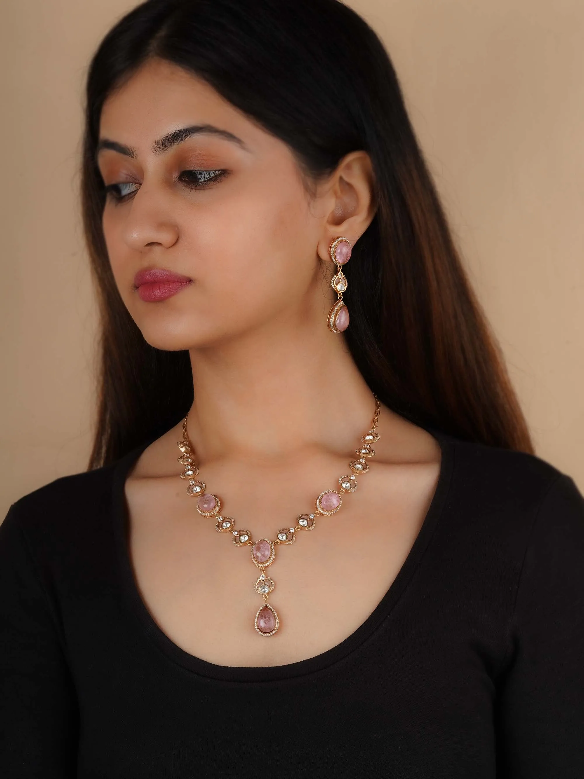 Gold Plated Faux Polki Necklace Set - PK-S266