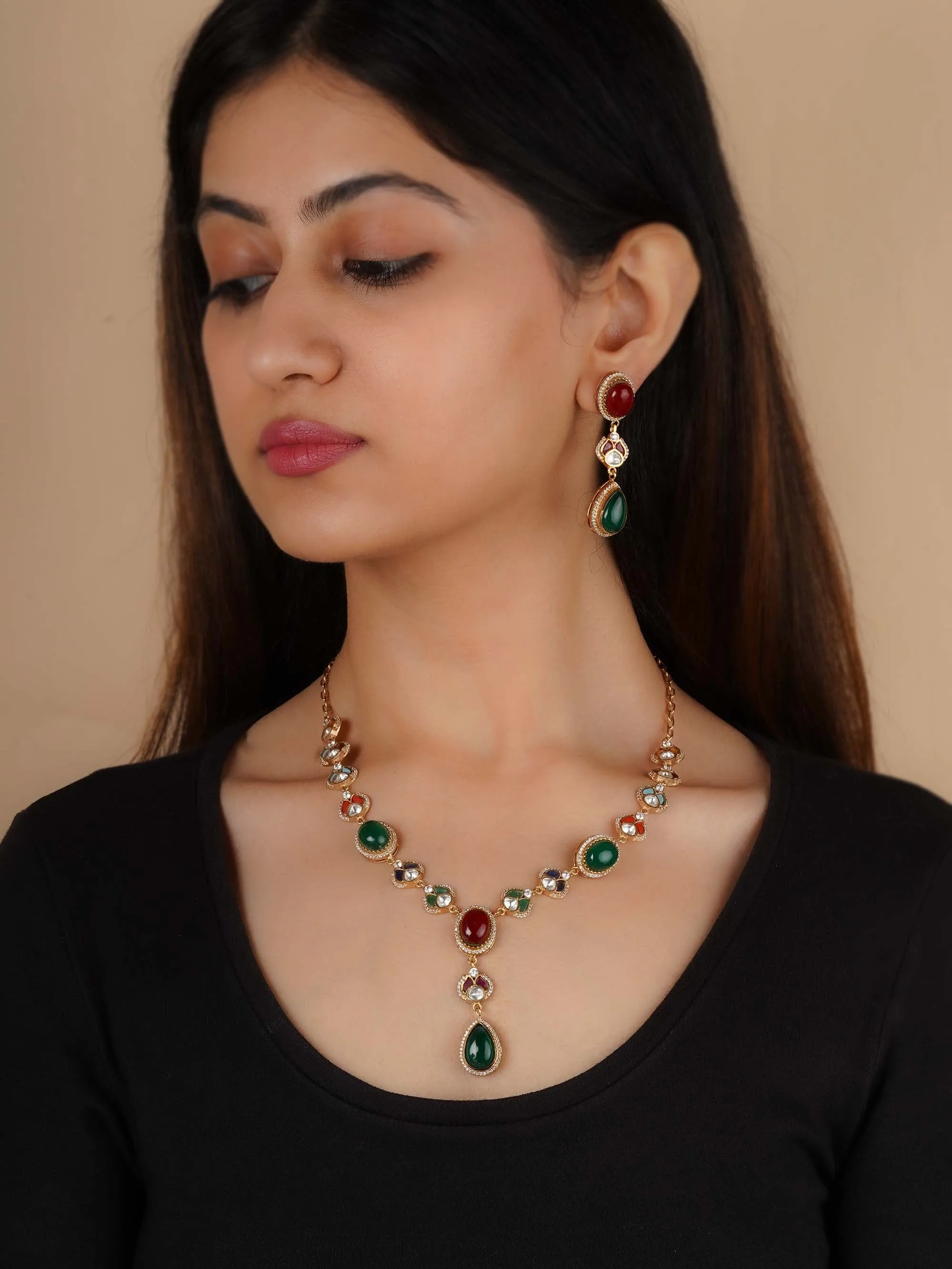 Gold Plated Faux Polki Necklace Set - PK-S266