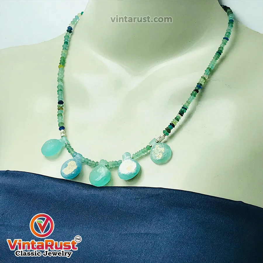 Green Beaded Chain Necklace With Dangling Stones