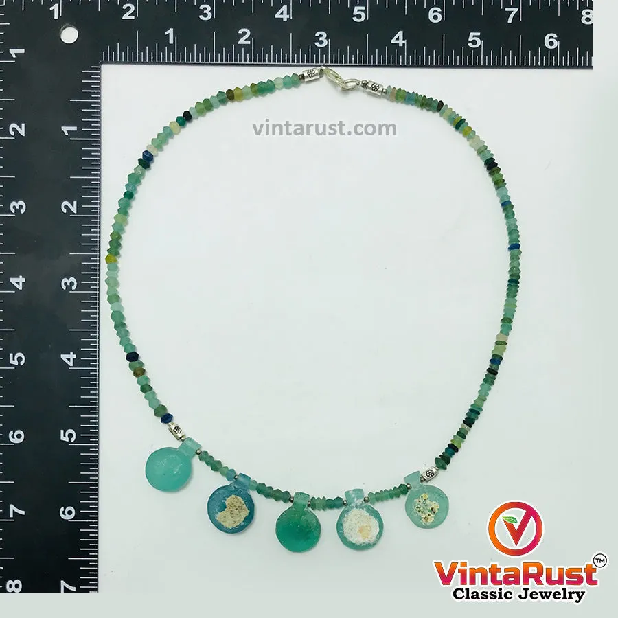 Green Beaded Chain Necklace With Dangling Stones