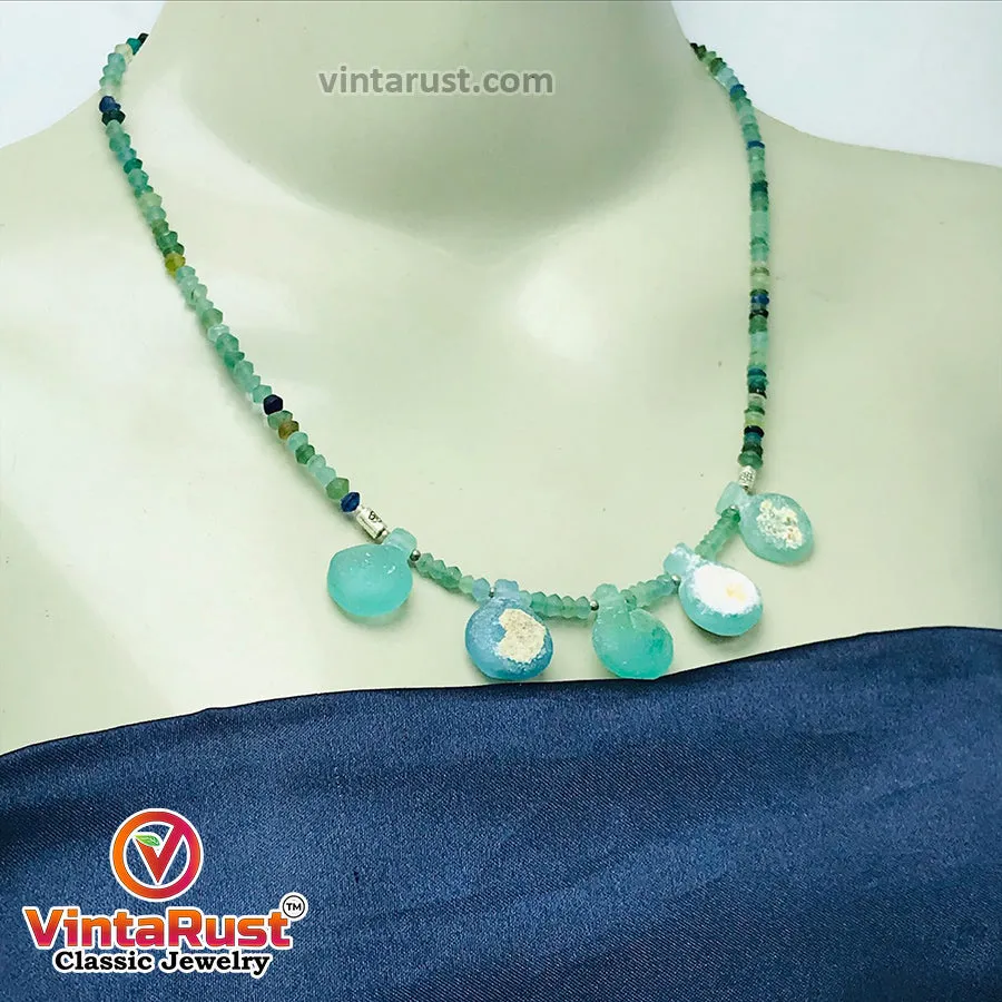 Green Beaded Chain Necklace With Dangling Stones