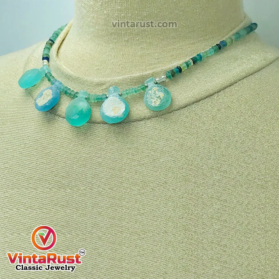 Green Beaded Chain Necklace With Dangling Stones