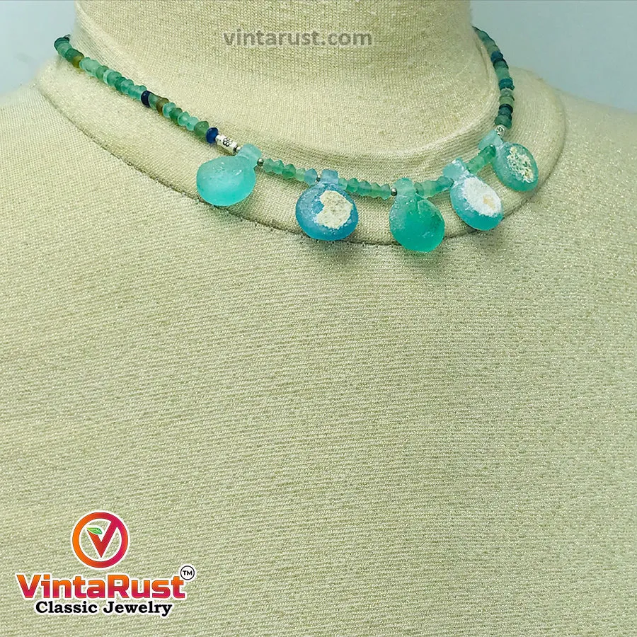 Green Beaded Chain Necklace With Dangling Stones