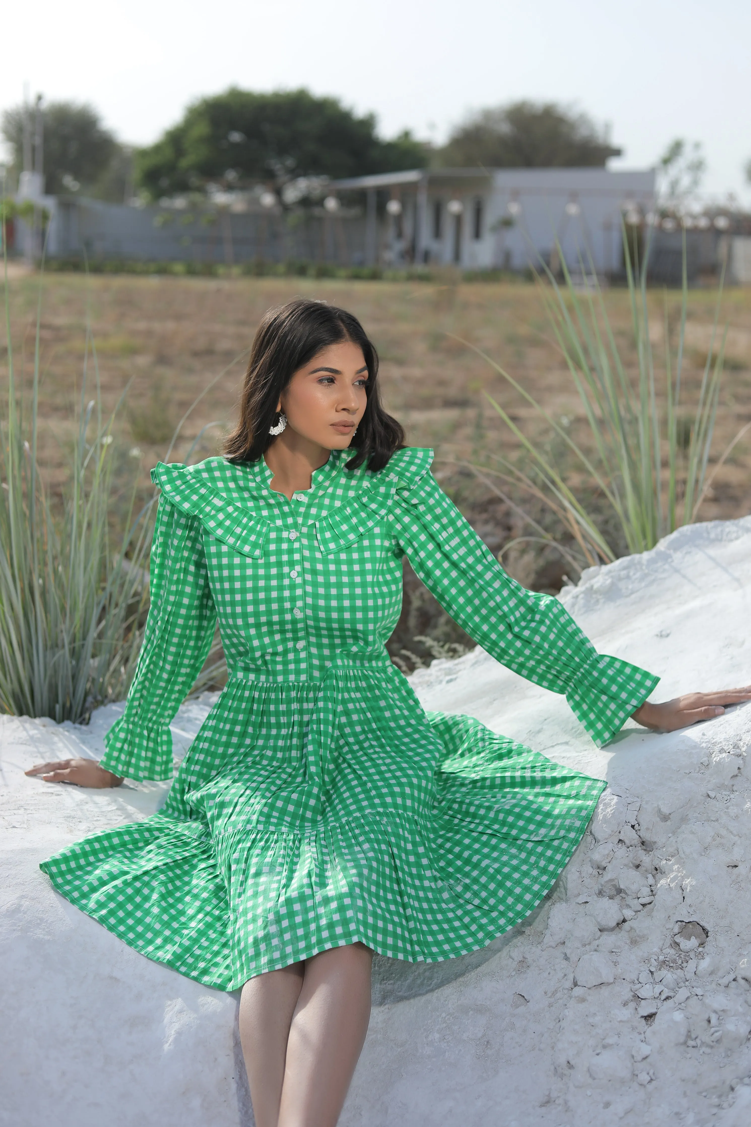 Green Checked Long-Sleeve Cotton Mini Dress