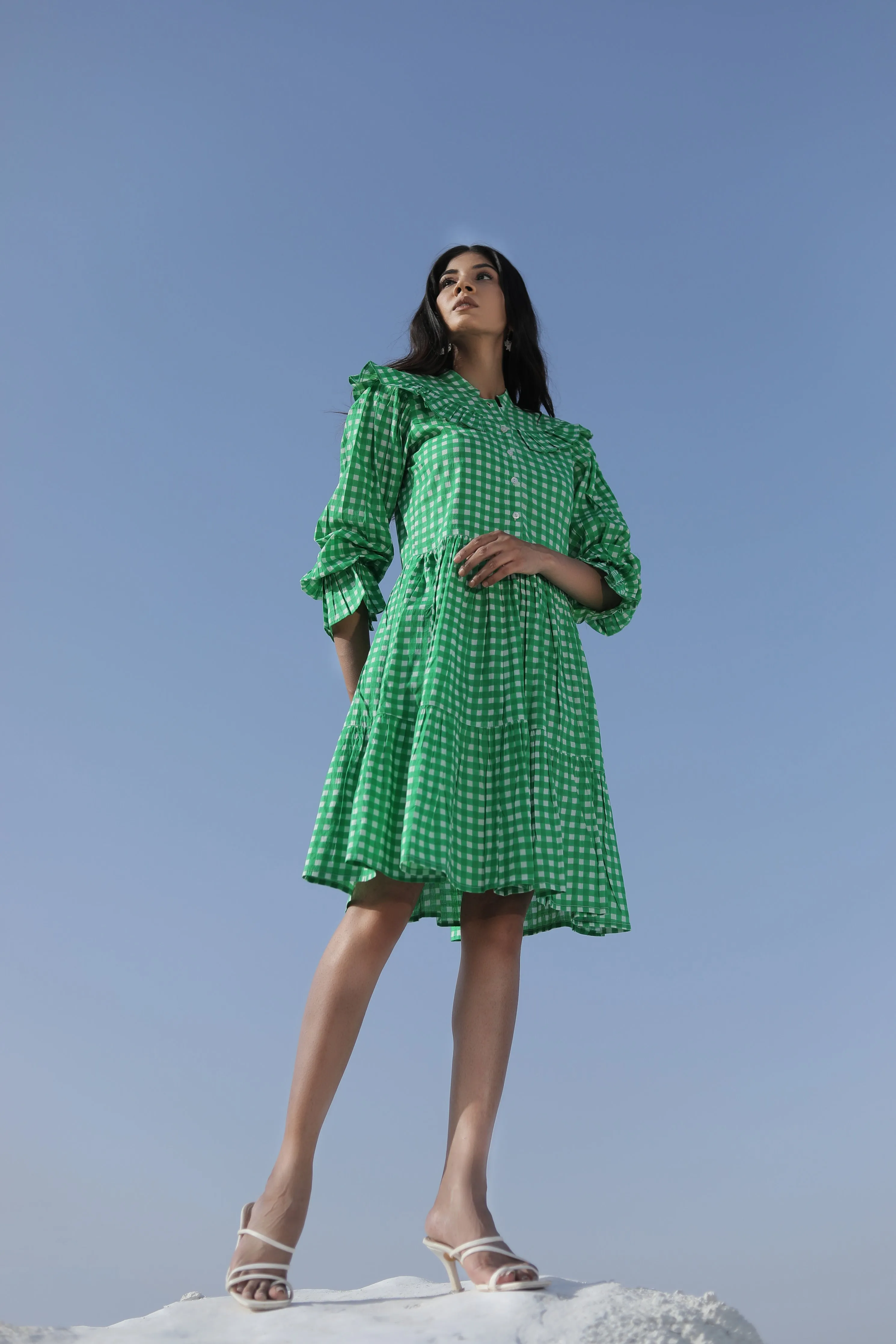 Green Checked Long-Sleeve Cotton Mini Dress