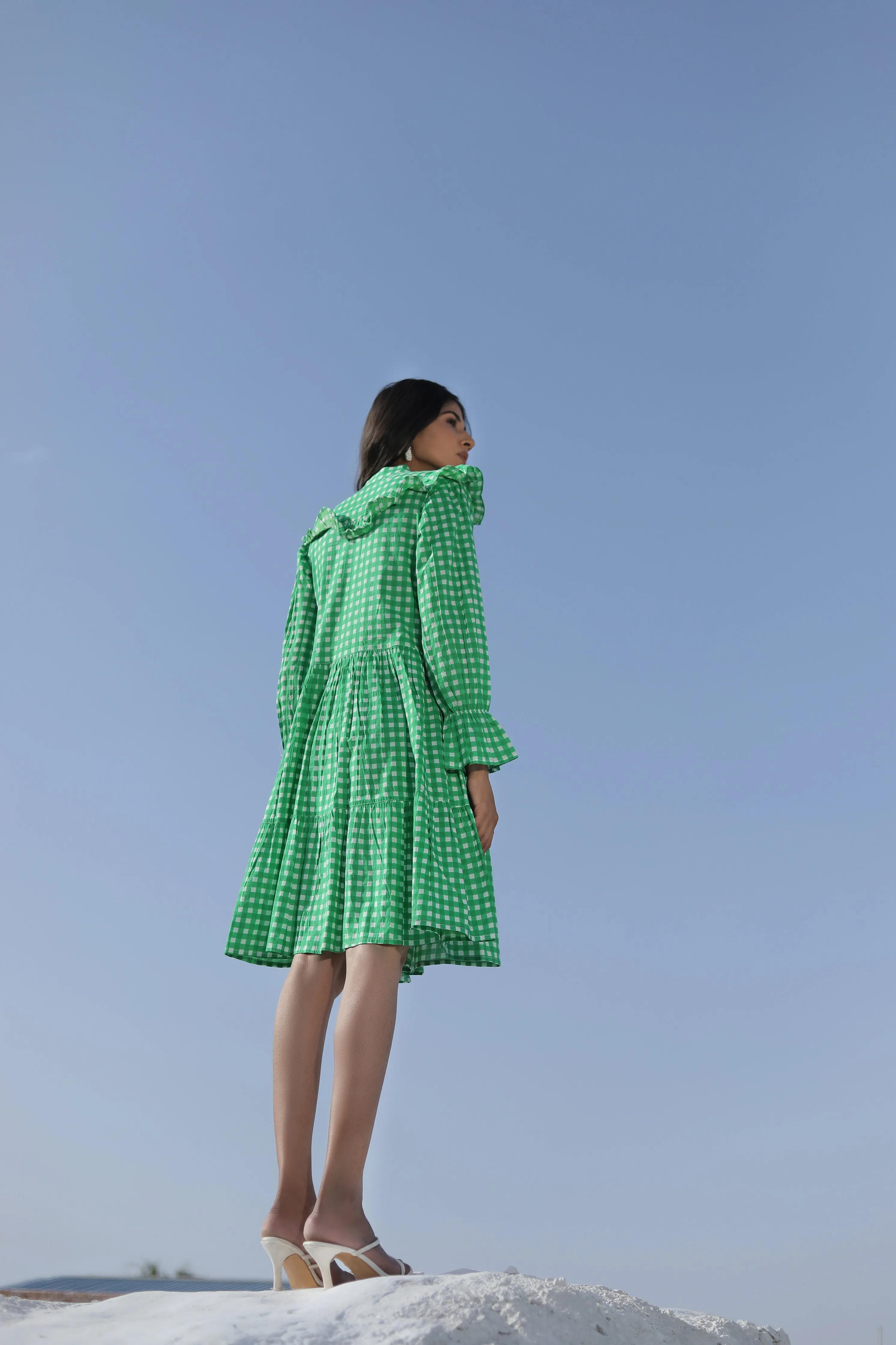 Green Checked Long-Sleeve Cotton Mini Dress