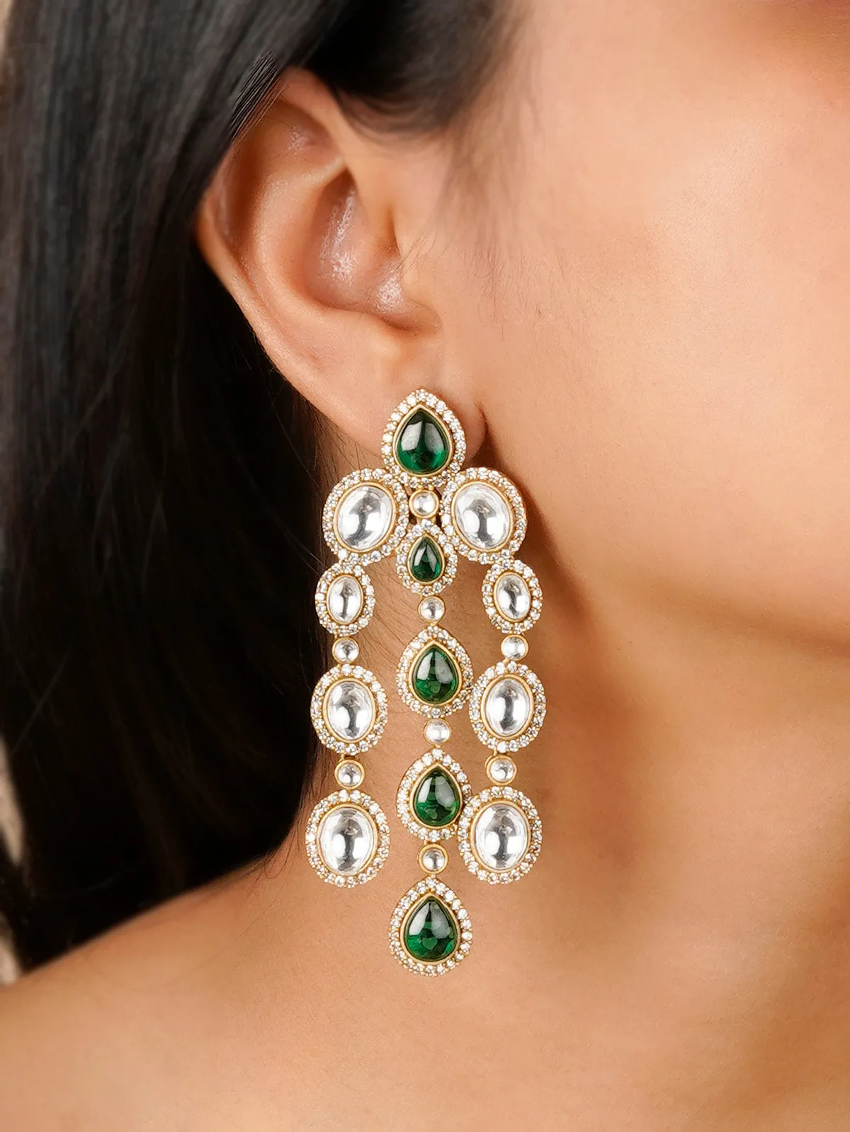 Green Color Gold Plated Faux Polki Earrings - PK-E60WGR