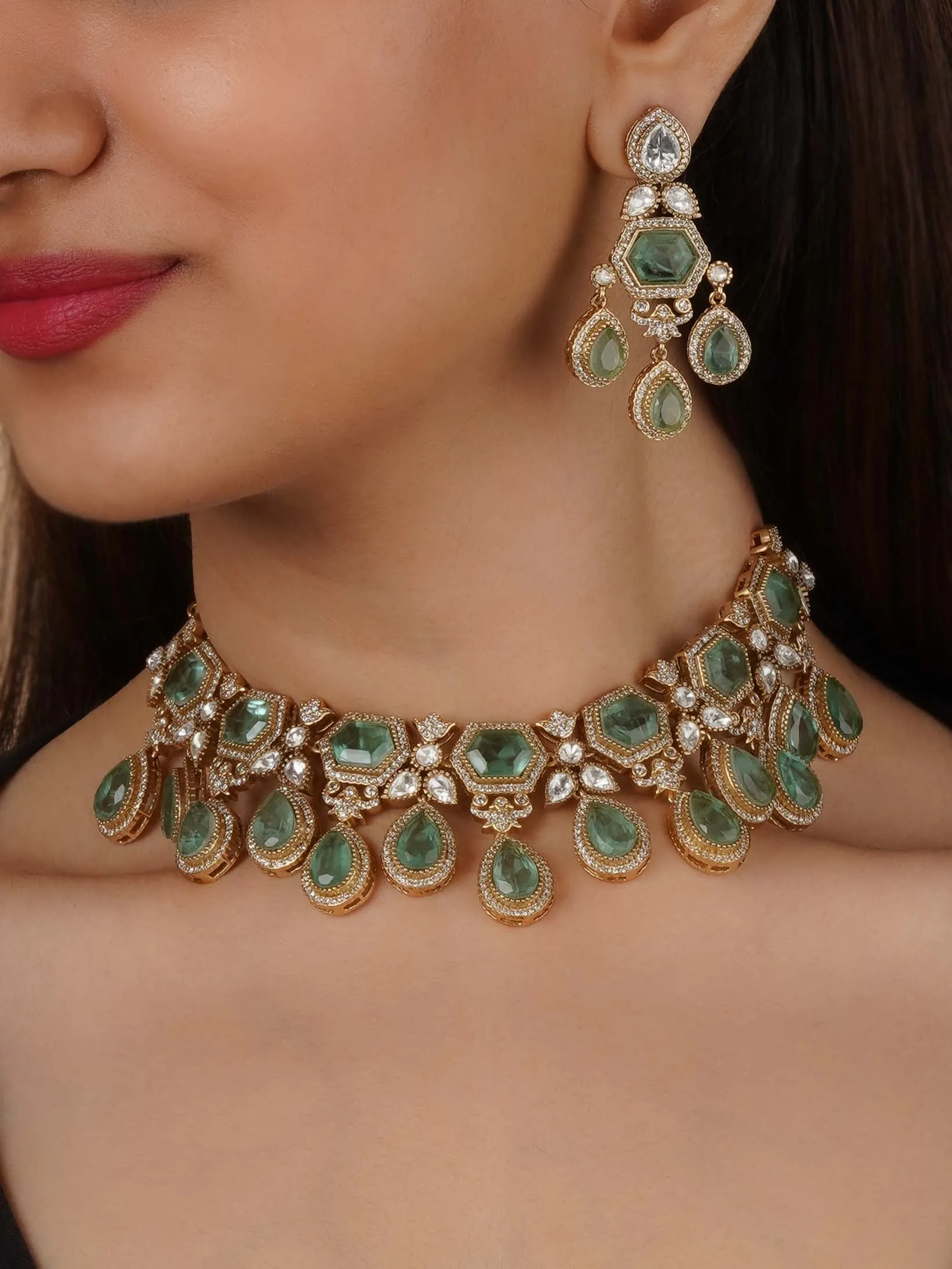 Green Color Gold Plated Faux Polki Necklace Set - PK-S279LGR